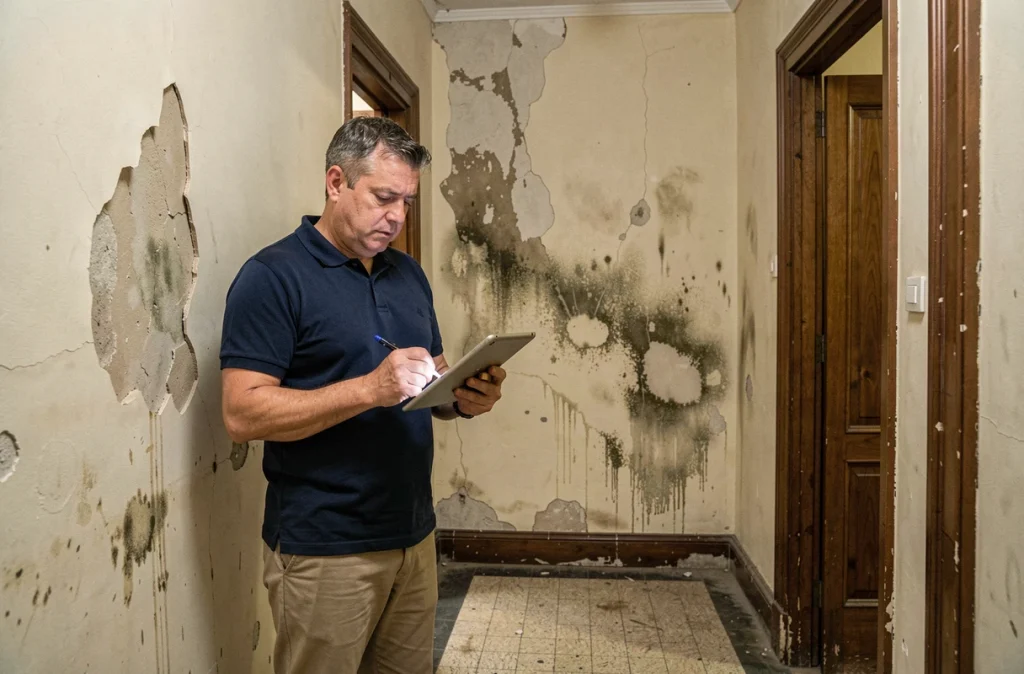 Expert en assurance inspectant des dégâts des eaux sur un mur d'immeuble haussmannien, tenant une tablette numérique dans un couloir dégradé