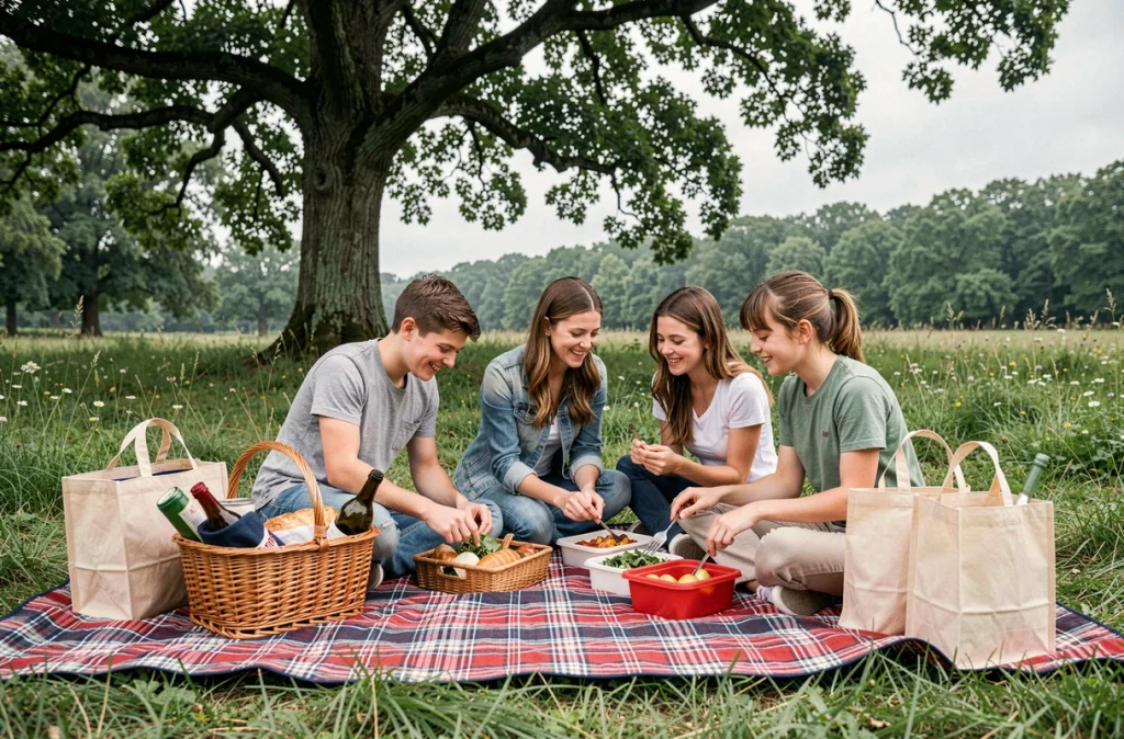 Famille installant une couverture de pique-nique dans un parc verdoyant avec panier et repas préparés