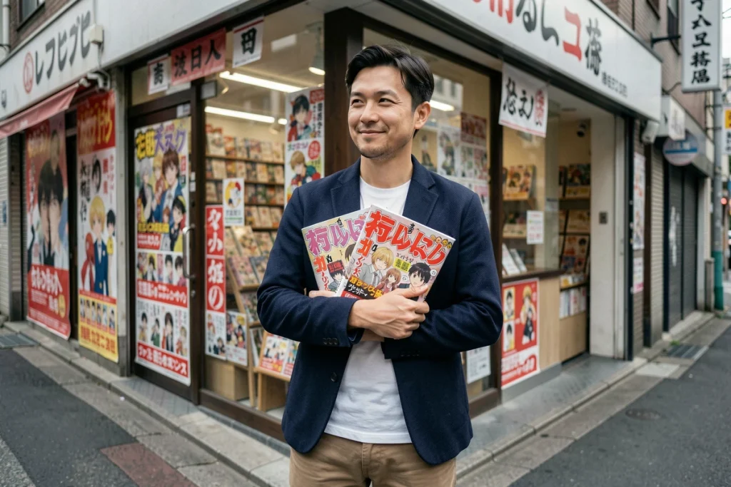 Fan tenant des volumes de manga Tengoku Daimakyou devant une librairie spécialisée au Japon