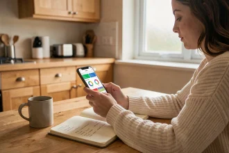 Jeune femme consultant une application de gestion de budget sur son smartphone à une table de cuisine en bois, avec un carnet de notes financières et une tasse de café