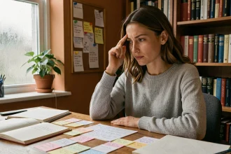 Femme étudiant une astuce mnémotechnique pour retenir une définition grâce à des fiches de révision sur un bureau en bois