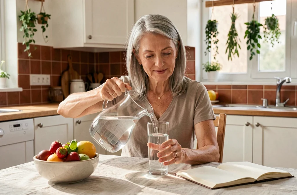Femme versant de l'eau dans un verre à la cuisine pour rester hydratée et énergique au quotidien