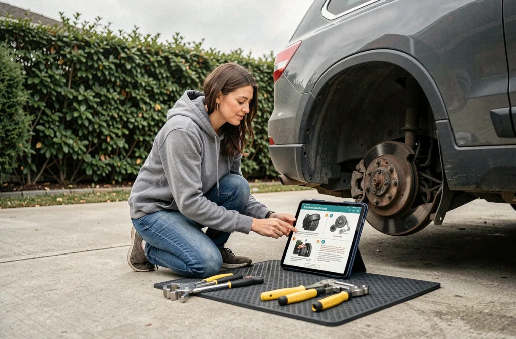 Femme changeant un pneu seule dans son allée grâce à un tutoriel sur tablette et un kit d'outils moderne
