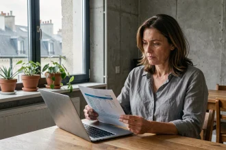 Femme de 40 ans consultant son contrat d'assurance habitation dans un appartement urbain moderne, avec vue sur les toits parisiens
