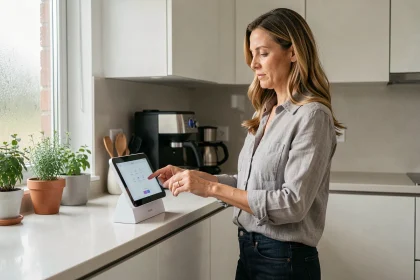 Femme interagissant avec un écran connecté dans une cuisine moderne équipée d'objets intelligents du quotidien