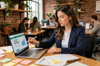 Une femme entrepreneureuse analyse sa campagne de crowdfunding sur un ordinateur portable dans un espace de coworking moderne
