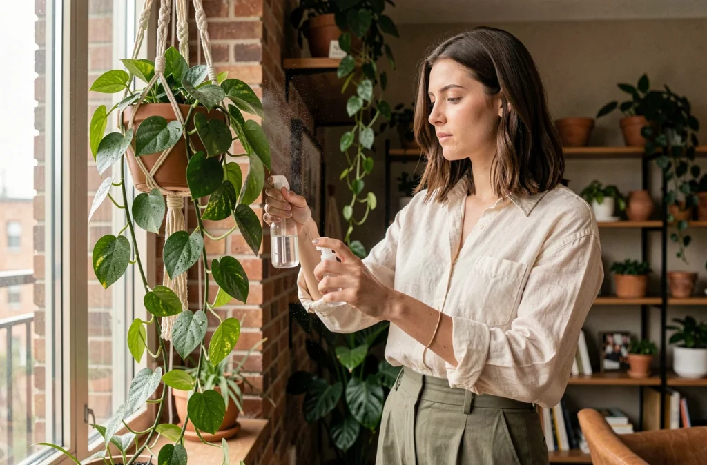 Femme arrosant un pothos suspendu dans un salon bohème avec mur en briques et jungle urbaine