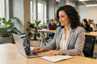 Une professionnelle en formation continue sur son ordinateur portable dans un bureau moderne