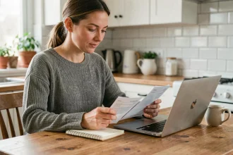 Femme consultant ses relevés bancaires sur un ordinateur portable à la table de cuisine pour réduire ses frais bancaires
