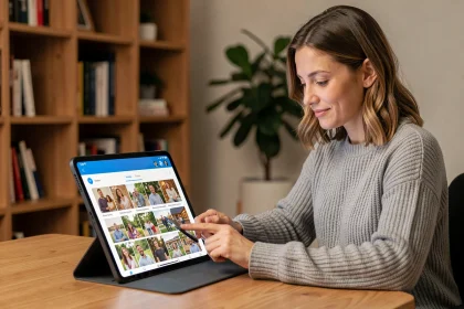 Femme utilisant une application d'intelligence artificielle pour organiser ses photos personnelles sur une tablette dans un bureau à domicile