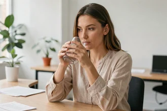 Femme qui boit un verre d'eau à son bureau pour améliorer sa concentration au travail