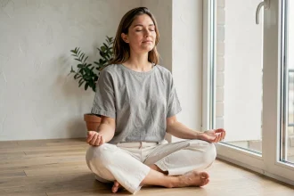 Femme pratiquant la méditation assise en tailleur sur un plancher en bois dans un intérieur minimaliste calme