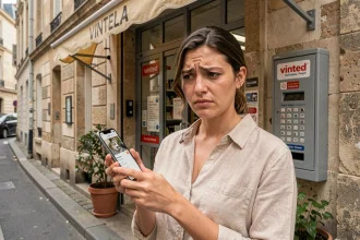 Femme devant un point Vinted Go consultant son téléphone pour localiser un colis non trouvé