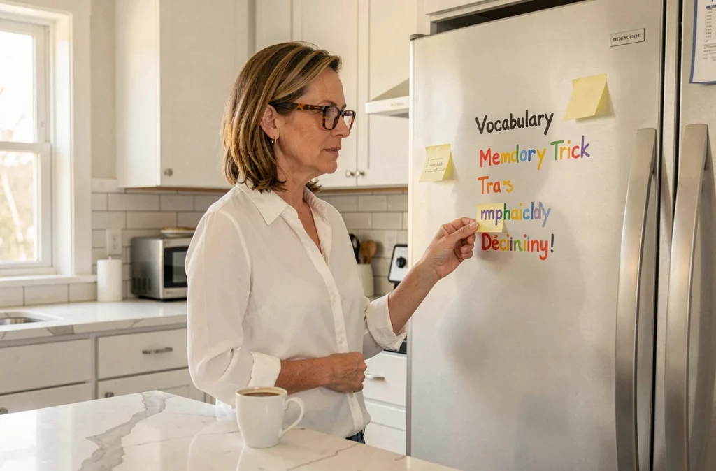 Femme d'âge mûr utilisant un post-it avec une astuce mnémotechnique pour retenir une définition dans sa cuisine
