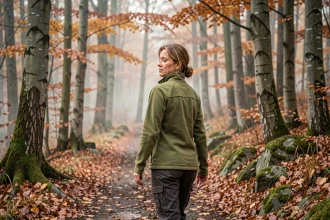 Femme de 40 ans marchant seule sur un sentier forestier automnal, pratiquant la randonnée douce pour réduire le stress