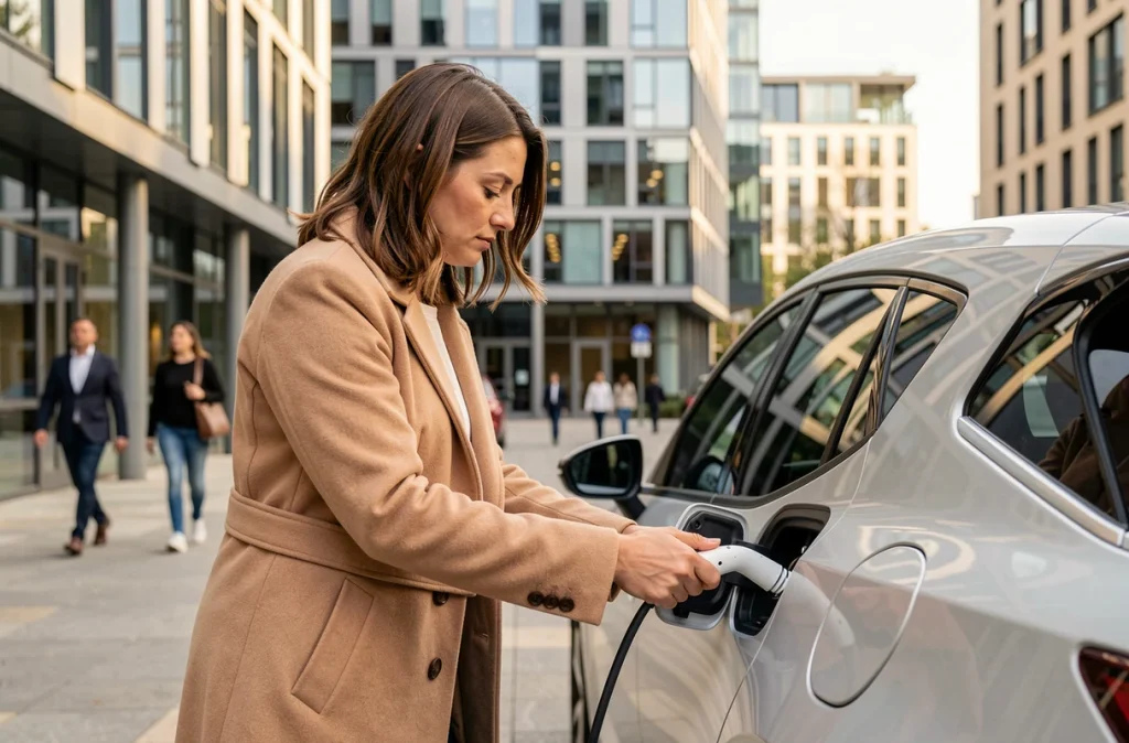 Femme rechargeant une voiture hybride à une borne de recharge publique en centre-ville