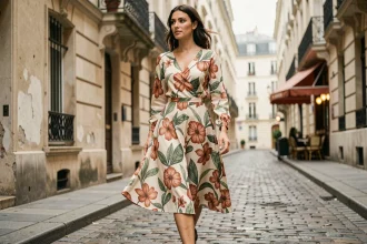Femme en robe midi à imprimé fleuri marchant dans une rue pavée parisienne, silhouette dynamique et style quotidien élégant