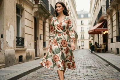Femme en robe midi à imprimé fleuri marchant dans une rue pavée parisienne, silhouette dynamique et style quotidien élégant