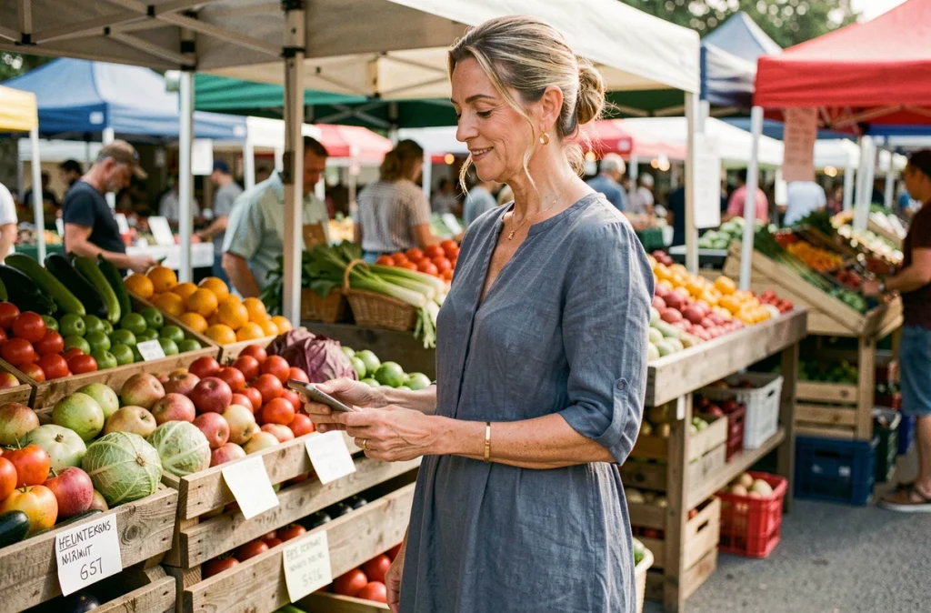 Femme en robe longue en lin bleu ardoise au marché estival en plein air