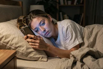 Femme dans son lit le soir regardant son smartphone avant de dormir, perturbant son sommeil à cause de la lumière bleue de l'écran