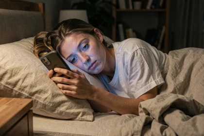 Femme dans son lit le soir regardant son smartphone avant de dormir, perturbant son sommeil à cause de la lumière bleue de l'écran