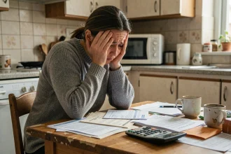 Femme épuisée assise devant des factures impayées dans une cuisine modeste, illustrant le stress financier du surendettement