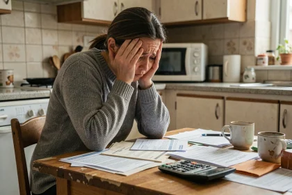 Femme épuisée assise devant des factures impayées dans une cuisine modeste, illustrant le stress financier du surendettement
