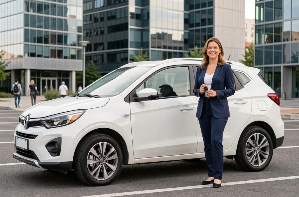 Femme souriante à côté d'un SUV compact blanc en location longue durée en milieu urbain