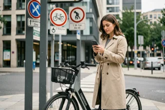 Femme citadine consultant son smartphone près d'un vélo électrique en libre-service, illustrant les nouvelles habitudes de mobilité urbaine face aux normes anti-pollution