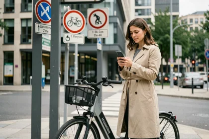 Femme citadine consultant son smartphone près d'un vélo électrique en libre-service, illustrant les nouvelles habitudes de mobilité urbaine face aux normes anti-pollution