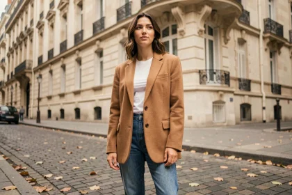 Jeune femme portant une veste oversize camel dans une rue pavée parisienne en automne