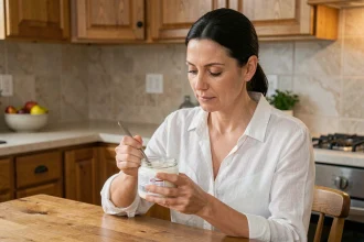 Femme adulte tenant un pot de yaourt probiotique dans une cuisine en bois naturel, illustrant les bienfaits des probiotiques pour la flore intestinale