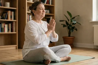Femme d'une cinquantaine d'années pratiquant le yoga doux en position assise pour soulager les douleurs articulaires