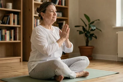 Femme d'une cinquantaine d'années pratiquant le yoga doux en position assise pour soulager les douleurs articulaires
