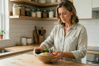 Femme préparant un bol riche en fibres alimentaires avec légumineuses, céréales complètes et légumes frais dans une cuisine moderne