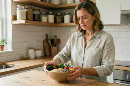 Femme préparant un bol riche en fibres alimentaires avec légumineuses, céréales complètes et légumes frais dans une cuisine moderne