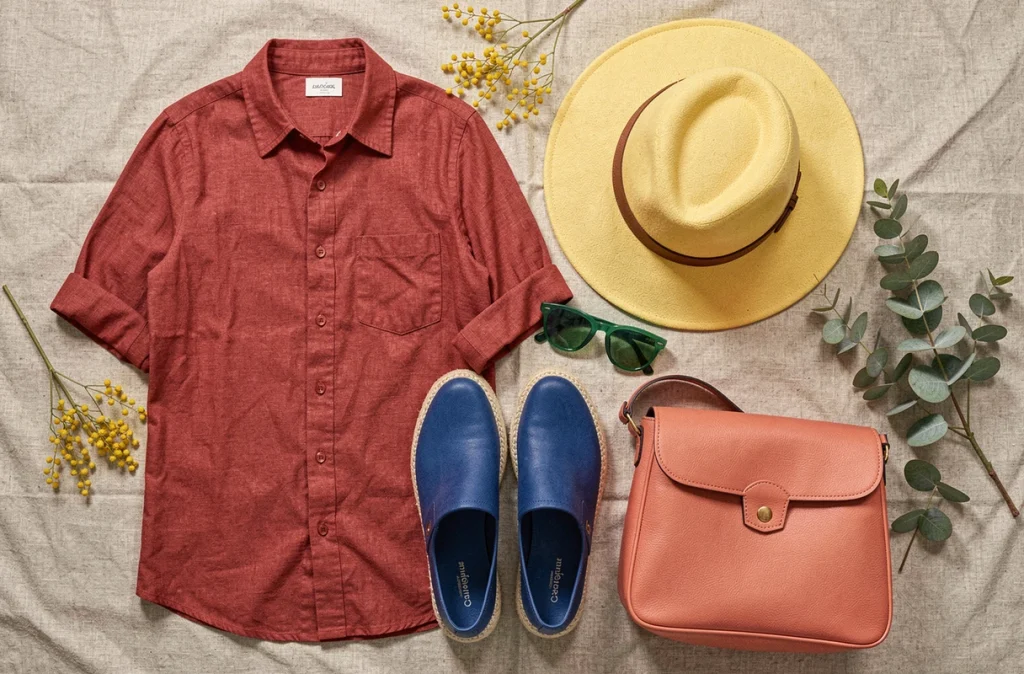 Flat-lay de vêtements et accessoires aux couleurs vives de la collection printemps-été sur fond de lin naturel
