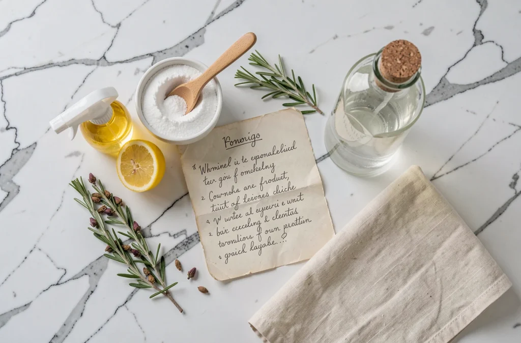Vue aérienne d'ingrédients naturels pour fabriquer des produits ménagers maison sur un plan de travail en marbre blanc