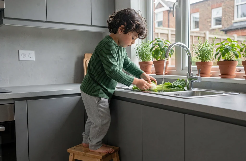Garçon lavant des légumes à l'évier dans le cadre des corvées ménagères quotidiennes