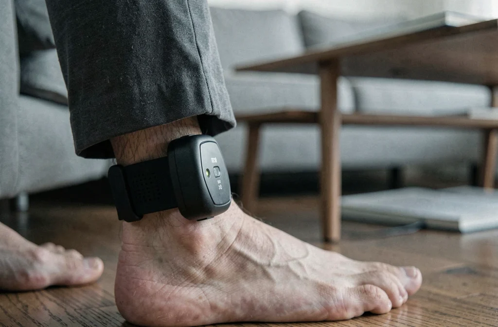 Gros plan sur un bracelet électronique à la cheville dans le cadre d'une surveillance judiciaire et remise de peine