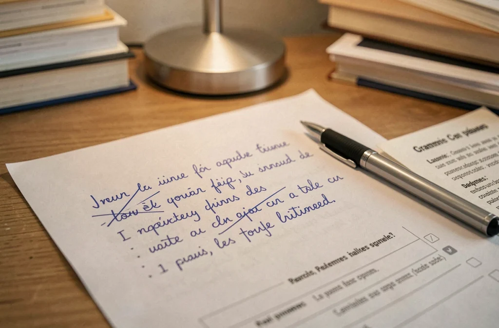 Gros plan sur une copie d'examen manuscrite avec une correction orthographique biffée et réécrite en français