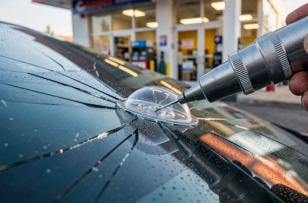 Gros plan sur la réparation d'un impact de pare-brise avec injection de résine dans une station-service