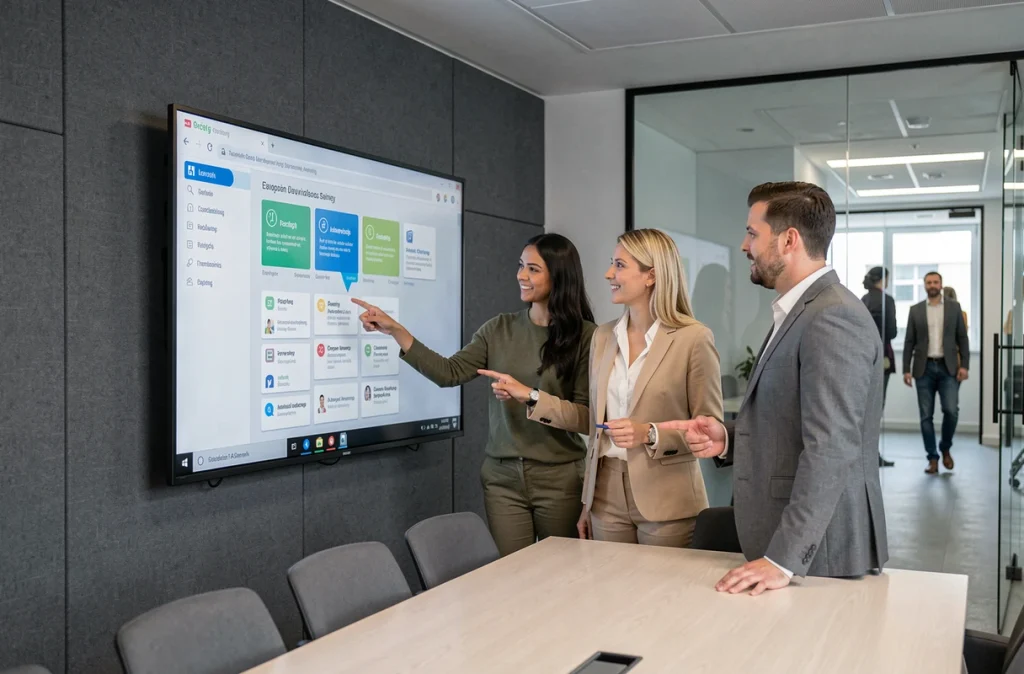 Groupe de professionnels en formation utilisant un écran tactile interactif dans une salle de réunion d'entreprise