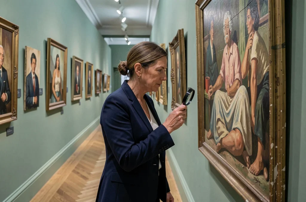 Historienne de l'art examinant des peintures françaises du 20ème siècle dans une galerie de musée provincial