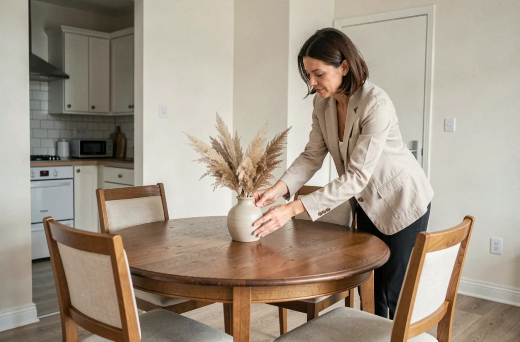 Home stageuse professionnelle arrangeant une table à manger dans un appartement familial avant sa mise en vente immobilière