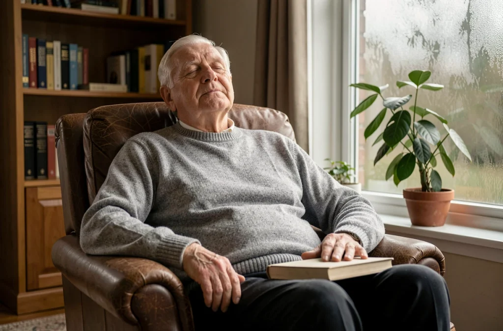 Homme âgé faisant une sieste dans un fauteuil confortable près d'une fenêtre, symbolisant le repos et la récupération naturelle du système immunitaire