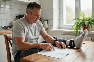 Homme avec un bracelet électronique à la cheville consultant des documents sur le calcul de remise de peine