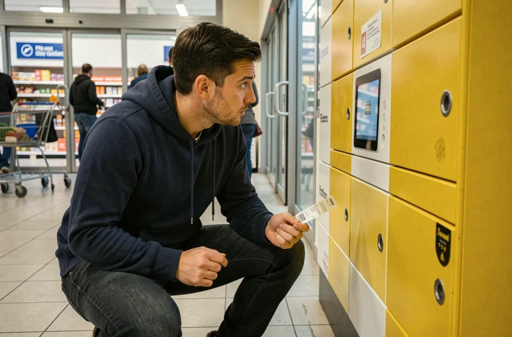 Homme inspectant un casier de point relais Vinted Go dans une supérette pour retrouver son colis