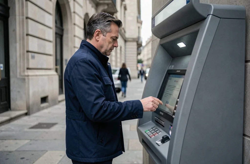 Homme consultant un distributeur automatique en ville pour surveiller ses dépenses et frais bancaires