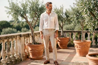 Homme élégant en tenue de lin beige sur une terrasse méditerranéenne ensoleillée en été
